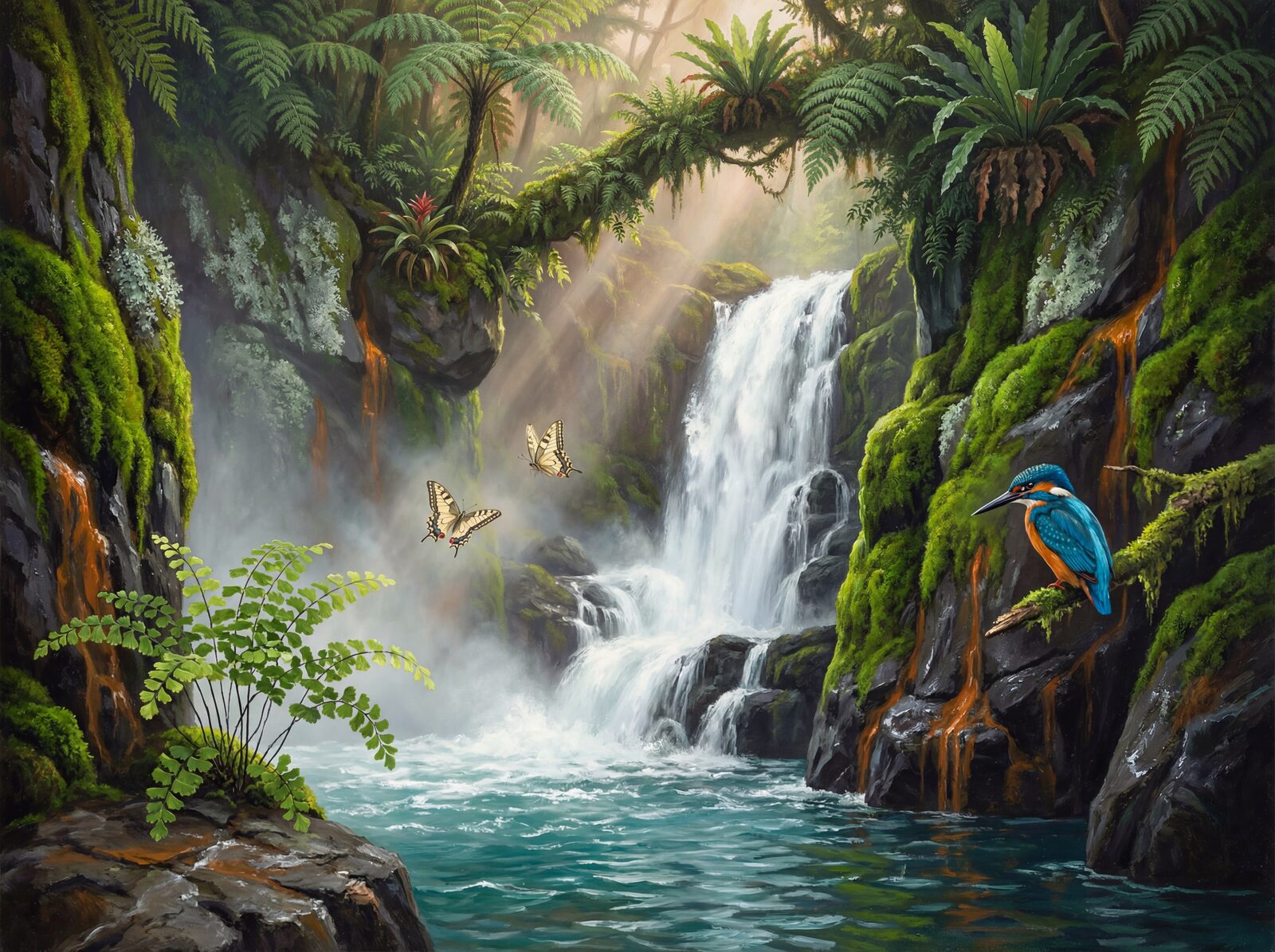 Immersive tropical waterfall scene with Ravine Dark, Moss Bright, and Pool Turquoise hues. Made to order.