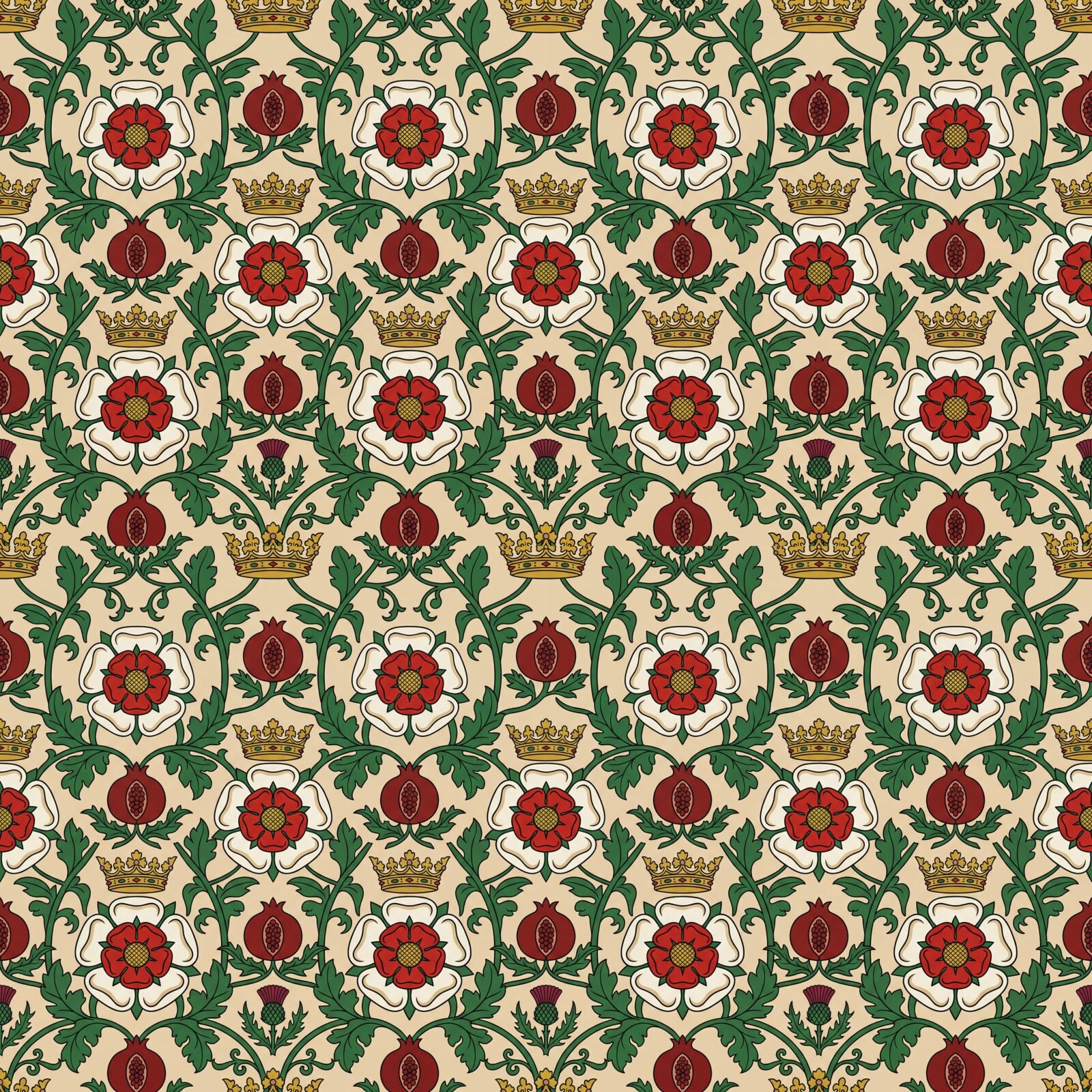 Immerse yourself in regal heritage with our Tudor Rose mural, featuring a bold palette of Lancaster Red, York White, and Crown Gold. Made to order.