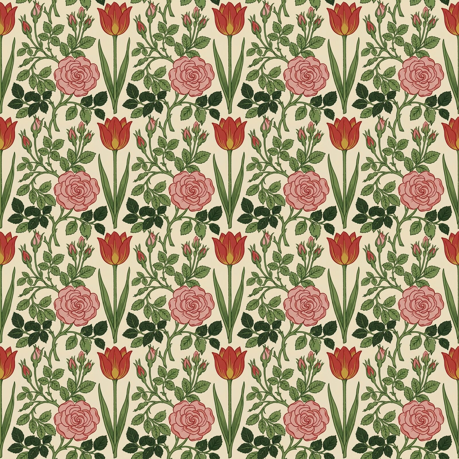 Morris's iconic Tulip and Rose pattern in warm cream, red, pink, and green hues. Made to order for your space.