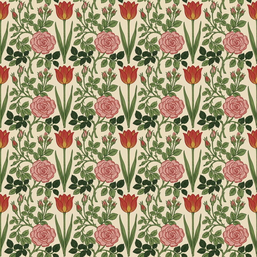 Morris's iconic Tulip and Rose pattern in warm cream, red, pink, and green hues. Made to order for your space.