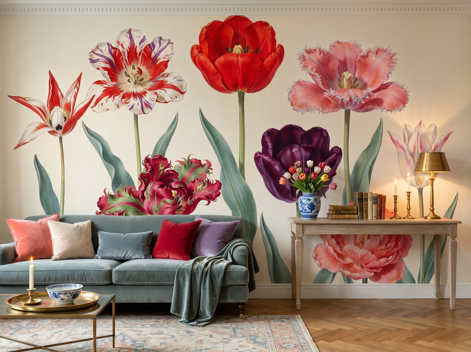 Tulip Catalogue scenic wallpaper mural on the feature wall of an English-country entrance hall, in a soft grey palette — The Wall Shawl.