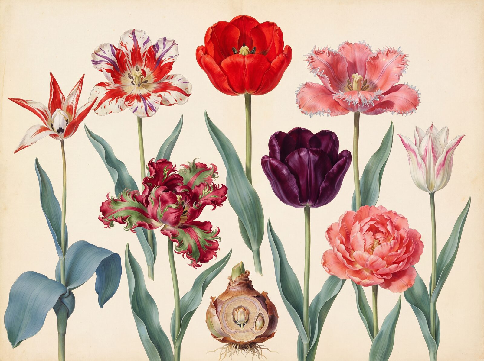 An opulent, documentary mural featuring historic tulip varieties in Flame Red, Dutch Yellow, Parrot Purple, and Queen White. Made to order.