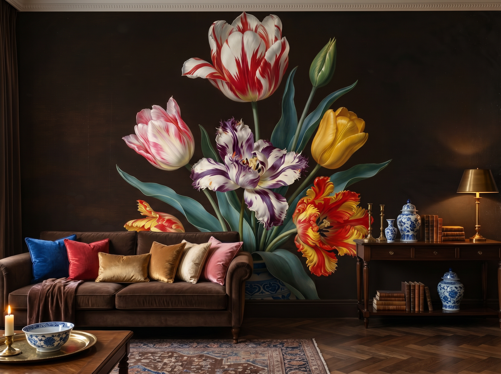 Tulip Mania scenic wallpaper mural on the feature wall of an English-country entrance hall, in a soft grey palette — The Wall Shawl.