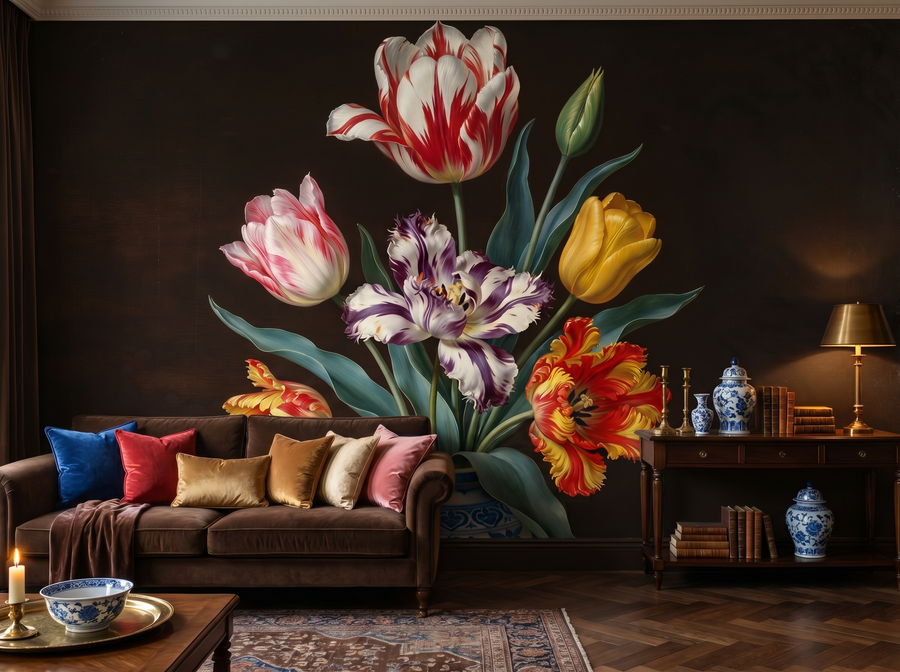 Tulip Mania scenic wallpaper mural on the feature wall of an English-country entrance hall, in a soft grey palette — The Wall Shawl.