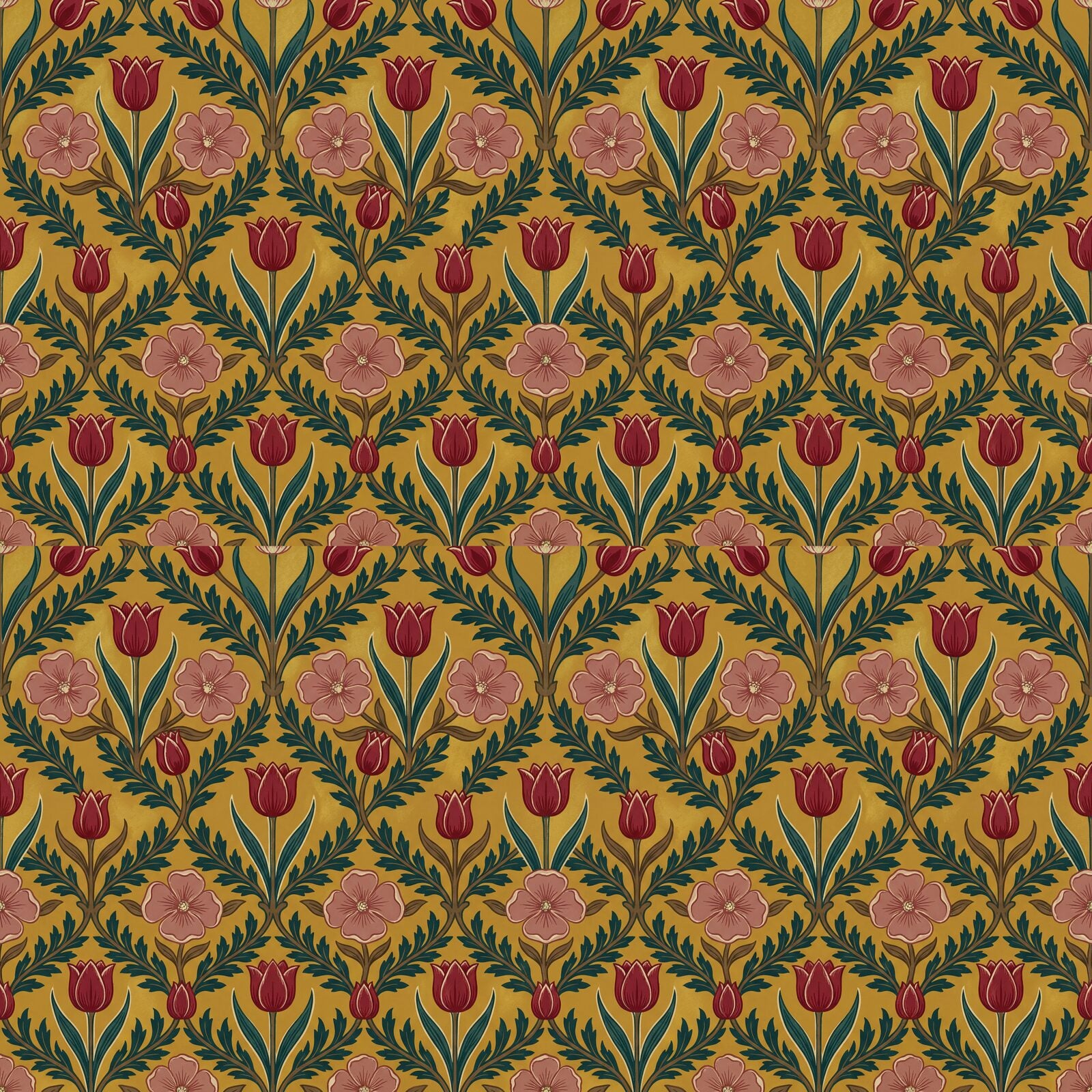 Morris's Tulip & Rose pattern reimagined on a rich mustard-ochre ground with crimson and teal. Made to order.