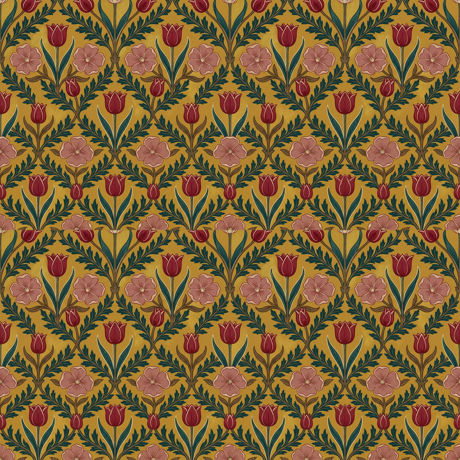Morris's Tulip & Rose pattern reimagined on a rich mustard-ochre ground with crimson and teal. Made to order.