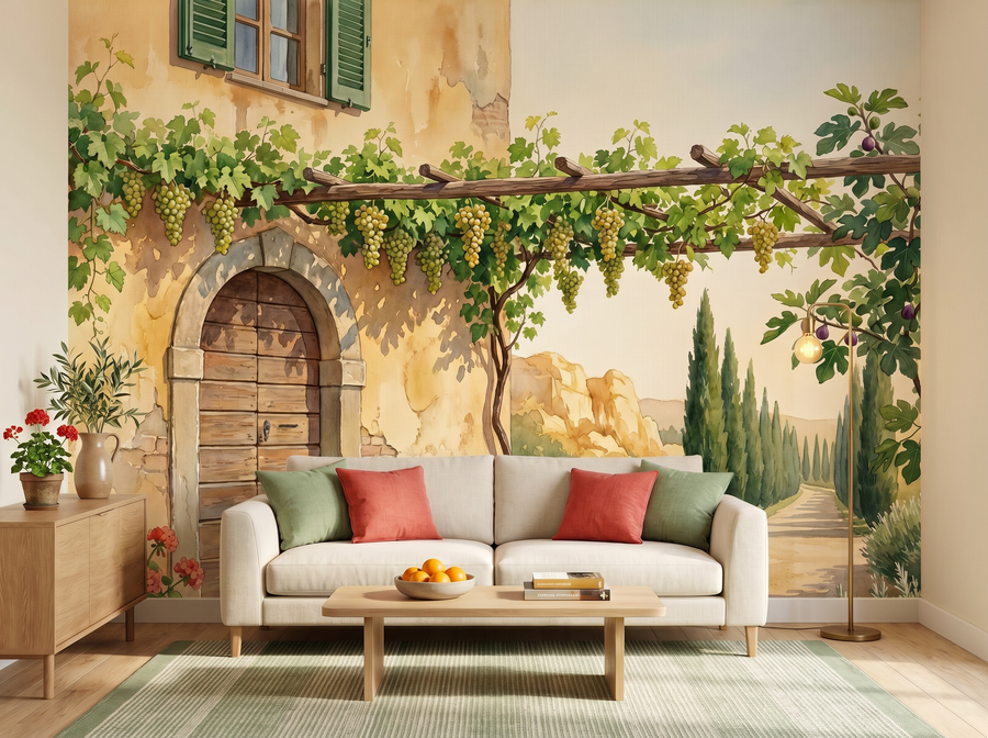 Tuscan Farmhouse scenic wallpaper mural on the feature wall of a French-country kitchen, in a soft grey palette — The Wall Shawl.