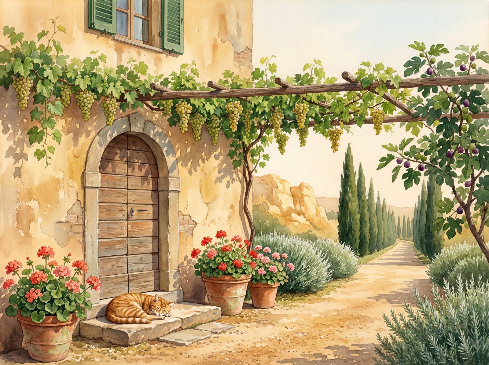 Scenic mural wallpaper in Golden Stone, Terracotta Roof, and Shutter Green. Made to order.