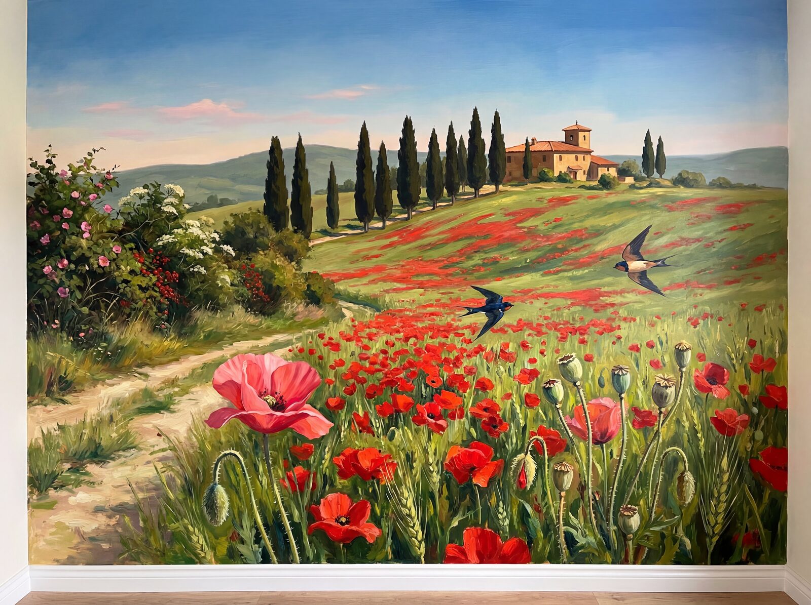 Vibrant poppy field mural with Poppy Scarlet, Wheat Green, and Cypress Black. Made to order.