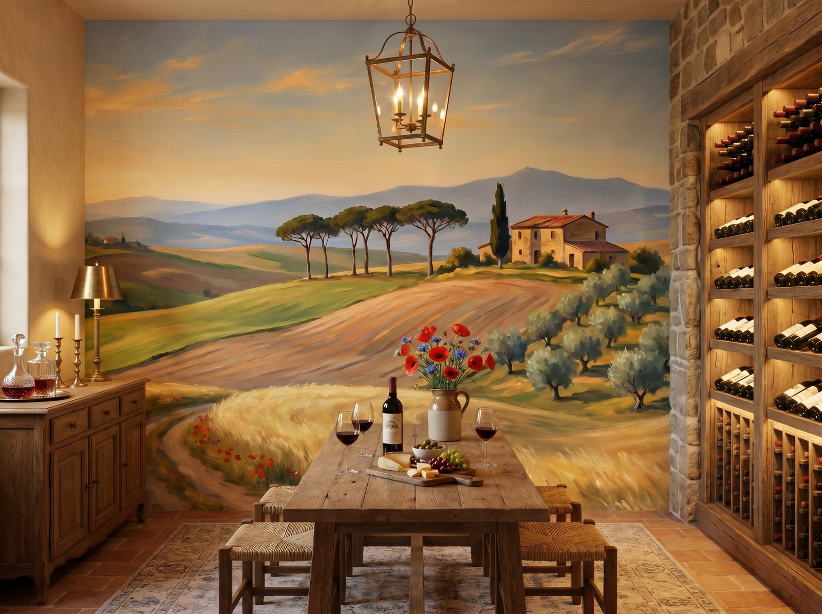 Tuscan Rollers scenic wallpaper mural on the feature wall of a Mediterranean dining room, in a soft grey palette — The Wall Shawl.