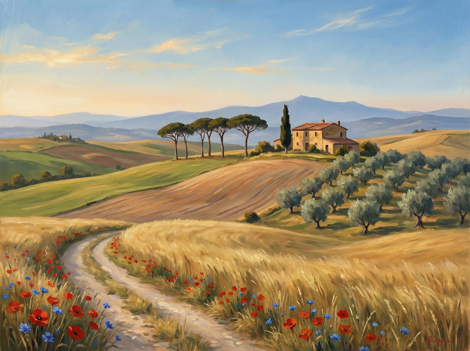 Scenic mural wallpaper in Wheat Green, Crete Clay, and Tuscan Gold. Made to order.