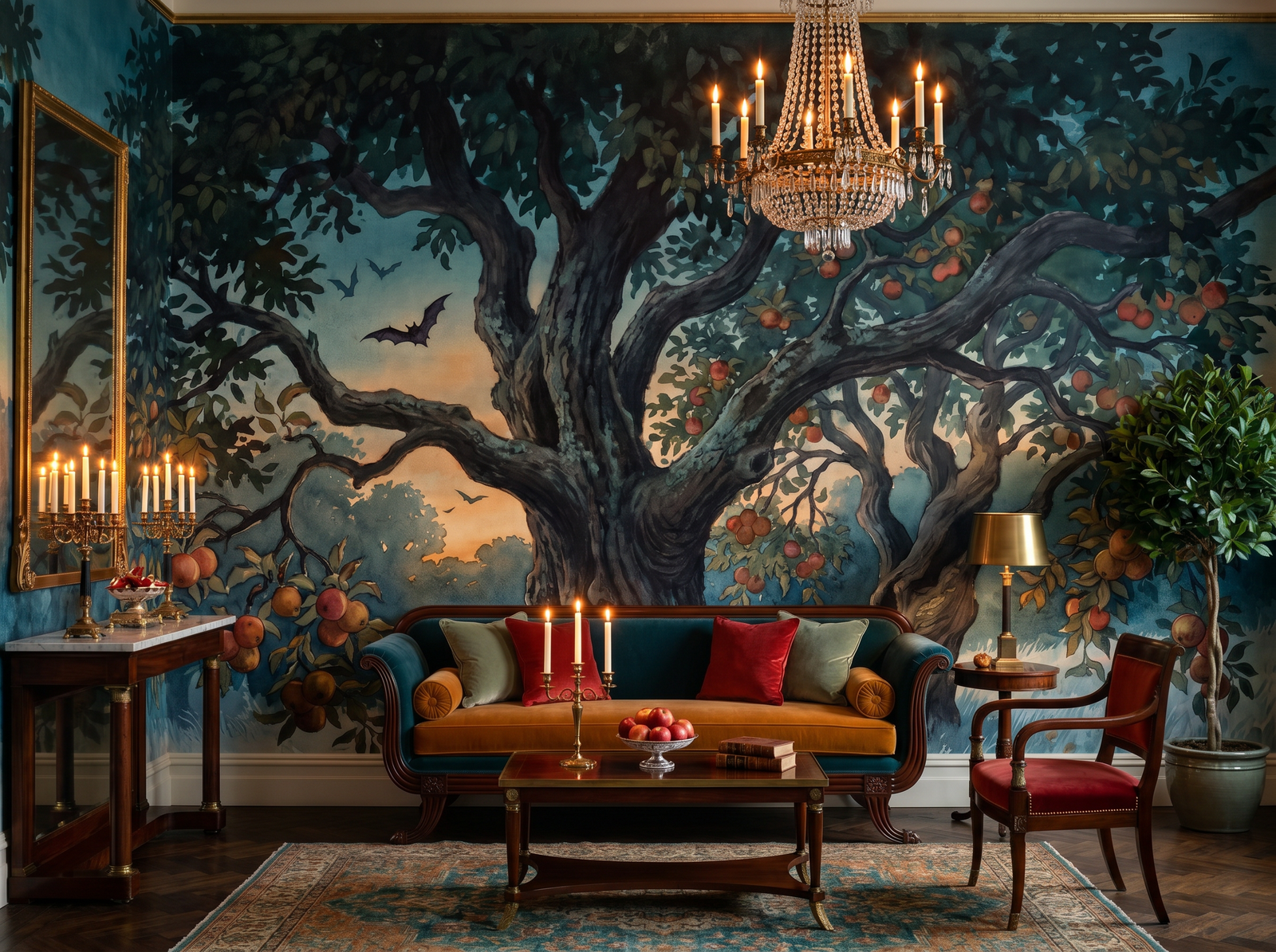 Twilight Orchard scenic wallpaper mural on the feature wall of a biophilic kitchen, in a moody black-and-charcoal palette — The Wall Shawl.
