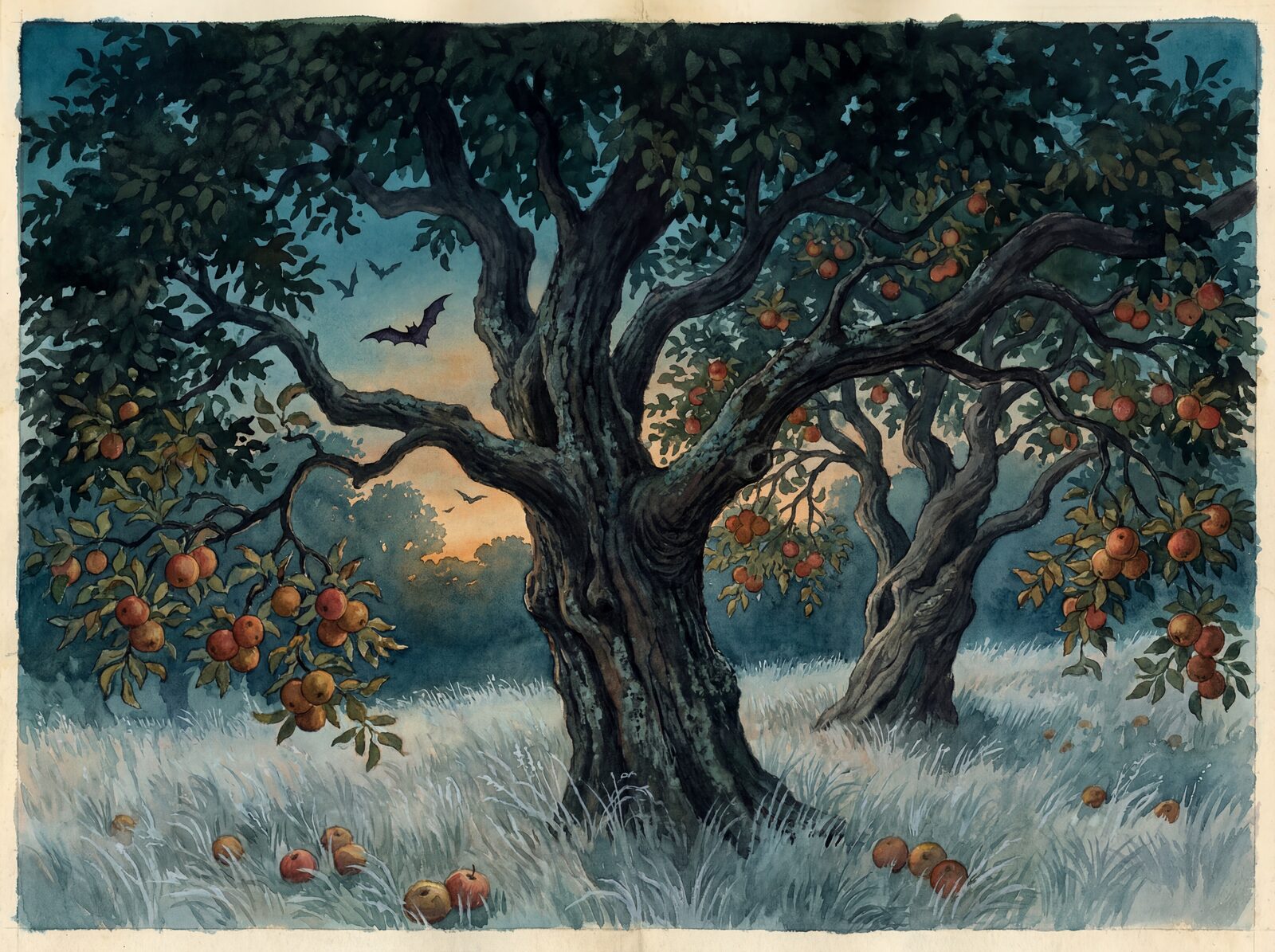 Immersive scenic mural wallpaper featuring a twilight orchard with dark red apples, russet browns, and deep blues. Made to order.