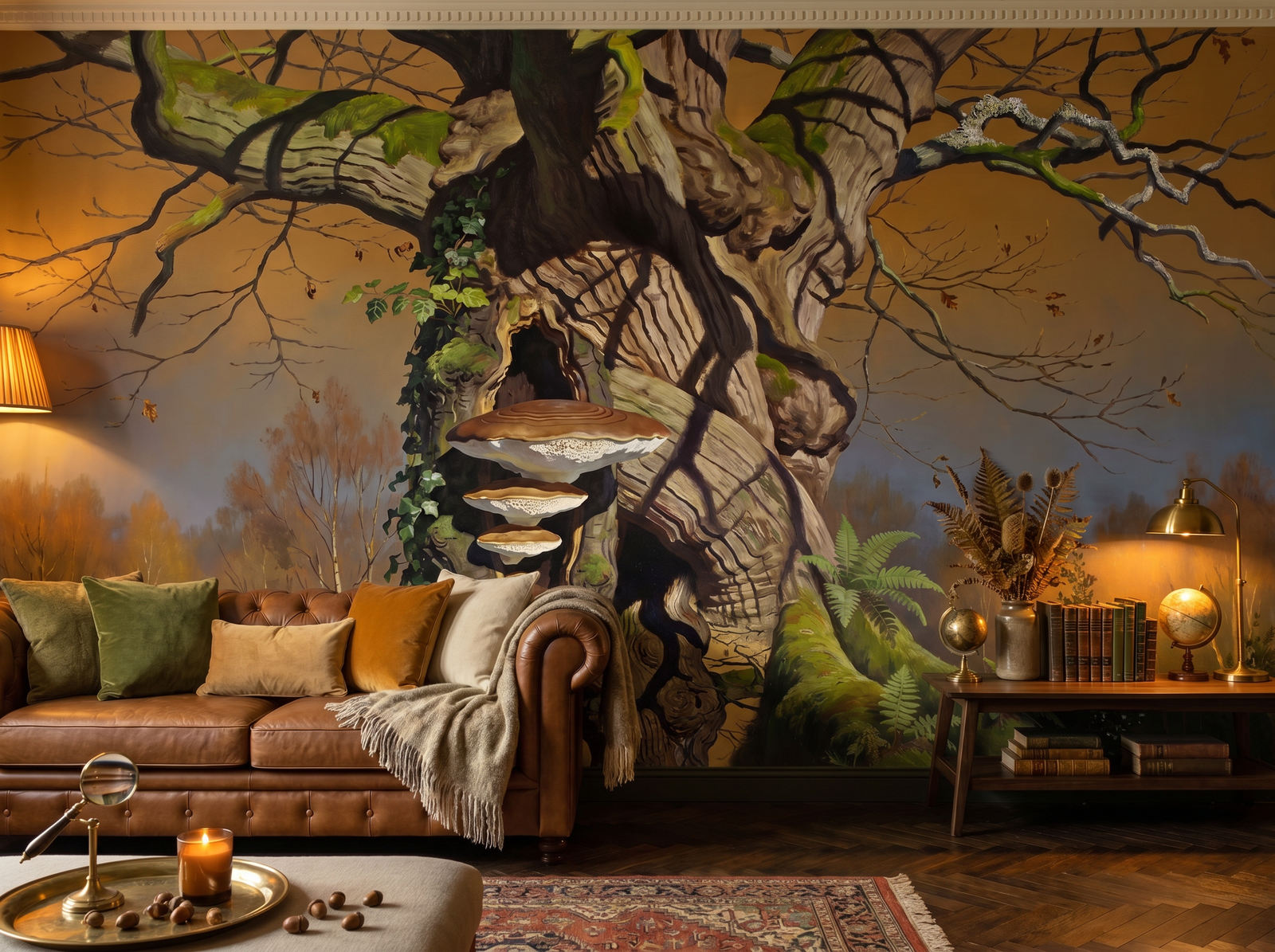 Twisted Ancient Tree scenic wallpaper mural on the feature wall of a biophilic study, in a moody black-and-charcoal palette — The Wall Shawl.