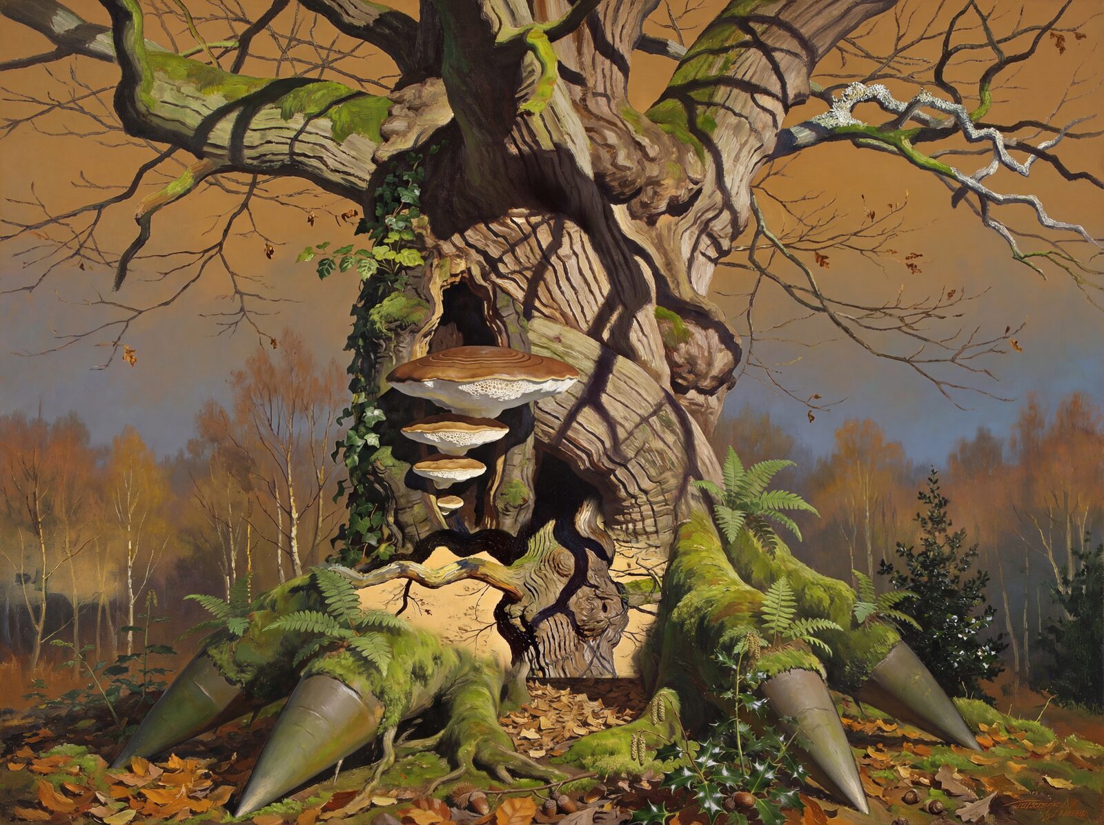 A landscape mural of a magnificent ancient sweet chestnut tree, featuring deep greens and earthy browns. Made to order.
