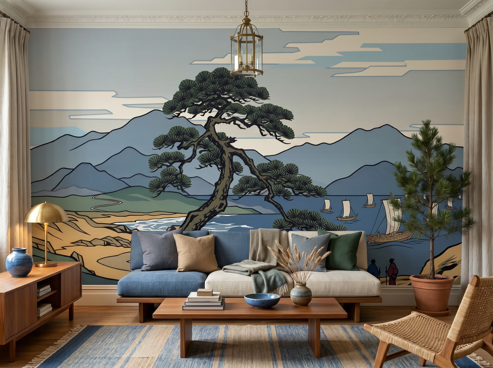 Ukiyo-e Landscape scenic wallpaper mural on the feature wall of a chinoiserie living room, in a cool blue palette — The Wall Shawl.