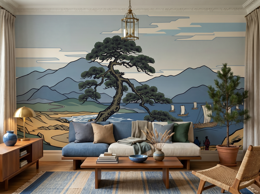 Ukiyo-e Landscape scenic wallpaper mural on the feature wall of a chinoiserie living room, in a cool blue palette — The Wall Shawl.