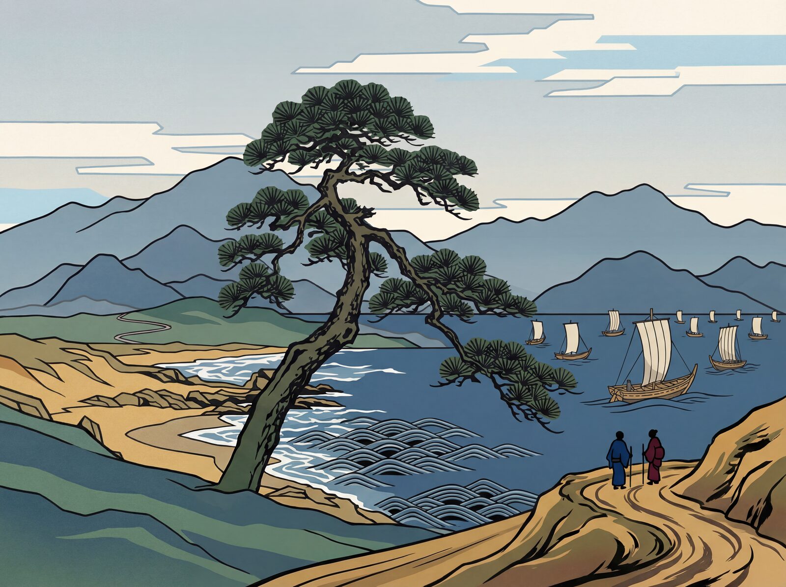 Stylised scenic mural with blue, green, and ochre palette. Made to order.