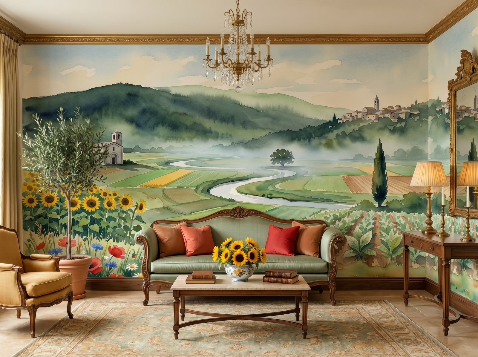 Umbrian Valley scenic wallpaper mural on the feature wall of a Mediterranean living room, in a verdant green palette — The Wall Shawl.