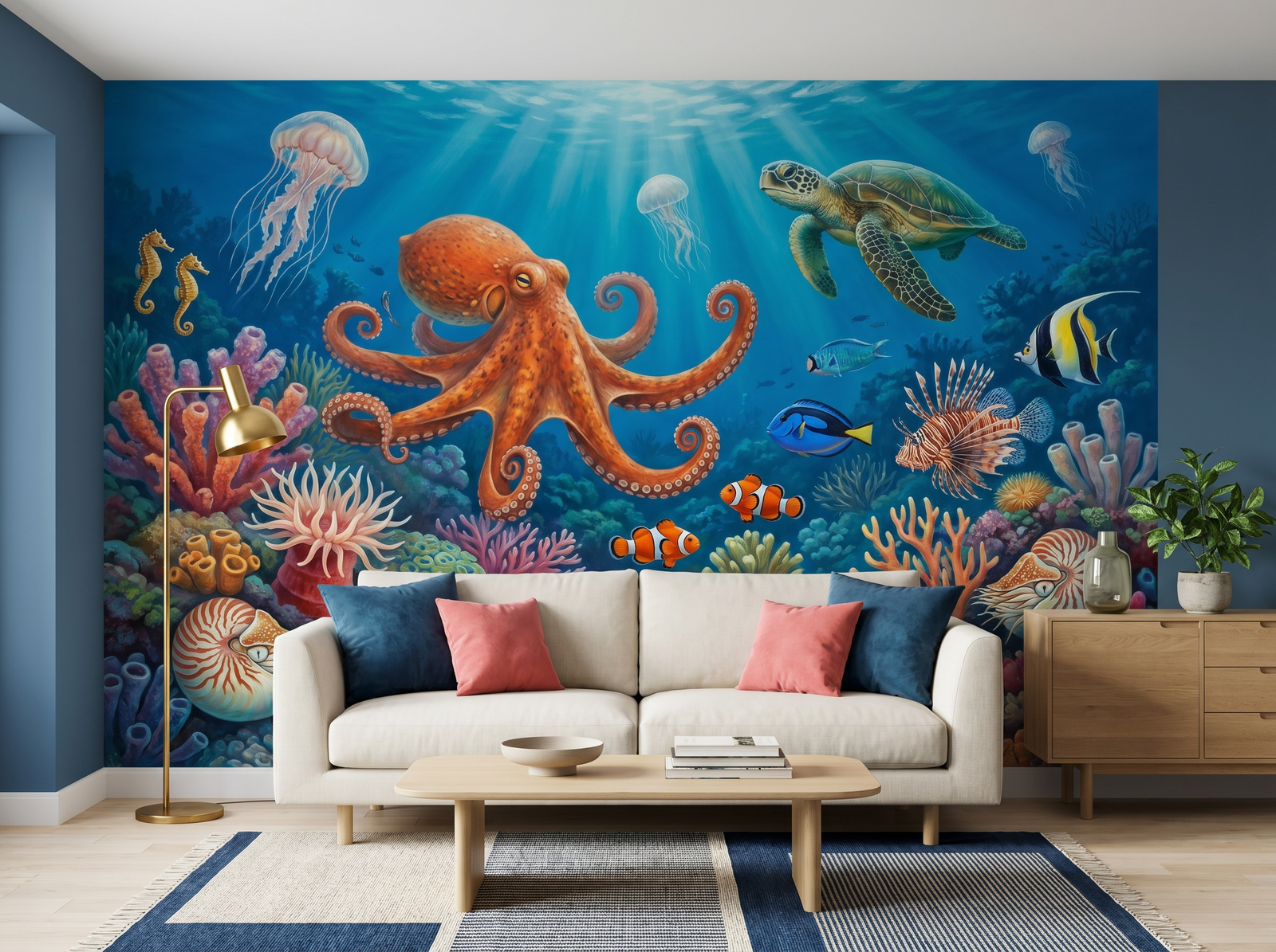 Coral Reef Observatory scenic wallpaper mural on the feature wall of a maximalist bedroom, in a soft grey palette — The Wall Shawl.