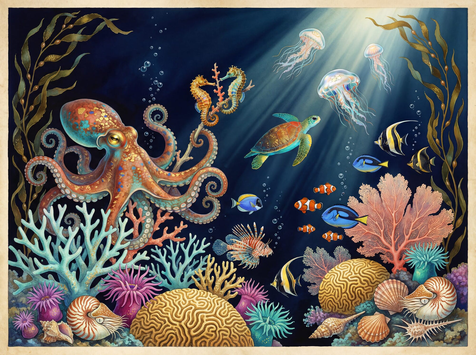 Underwater coral reef mural wallpaper with a large octopus, sea turtle, seahorse pair, translucent jellyfish, tropical fish school and brain coral in vivid colour on a deep navy ocean ground, illuminated by a angled beam of light from above