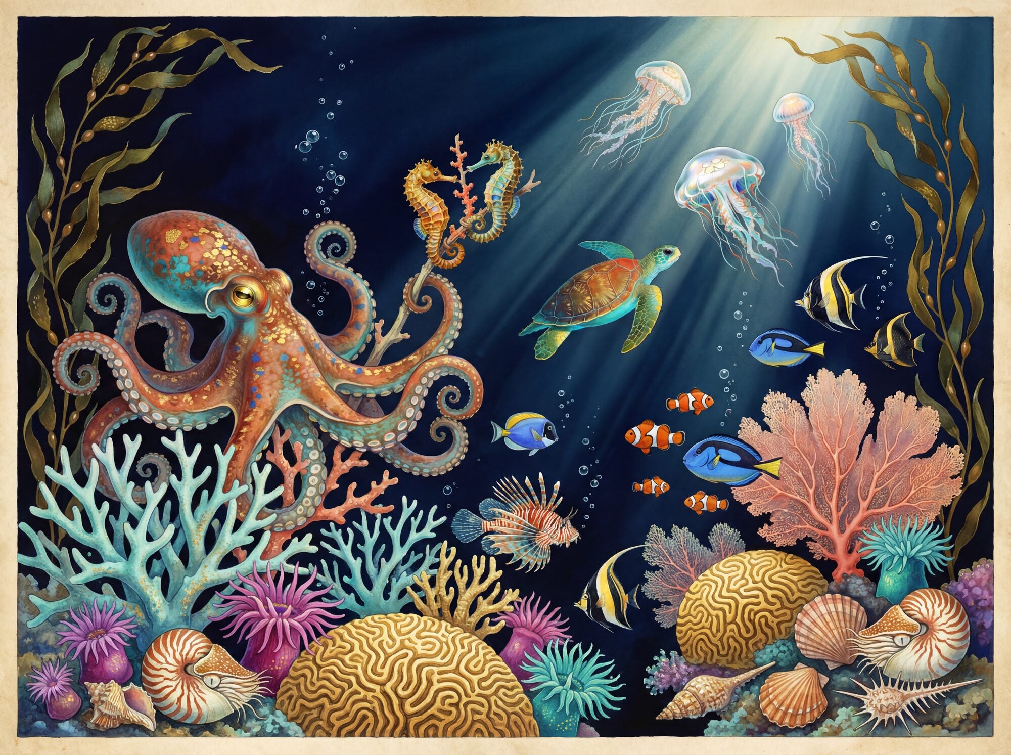 Underwater coral reef mural wallpaper with a large octopus, sea turtle, seahorse pair, translucent jellyfish, tropical fish school and brain coral in vivid colour on a deep navy ocean ground, illuminated by a angled beam of light from above