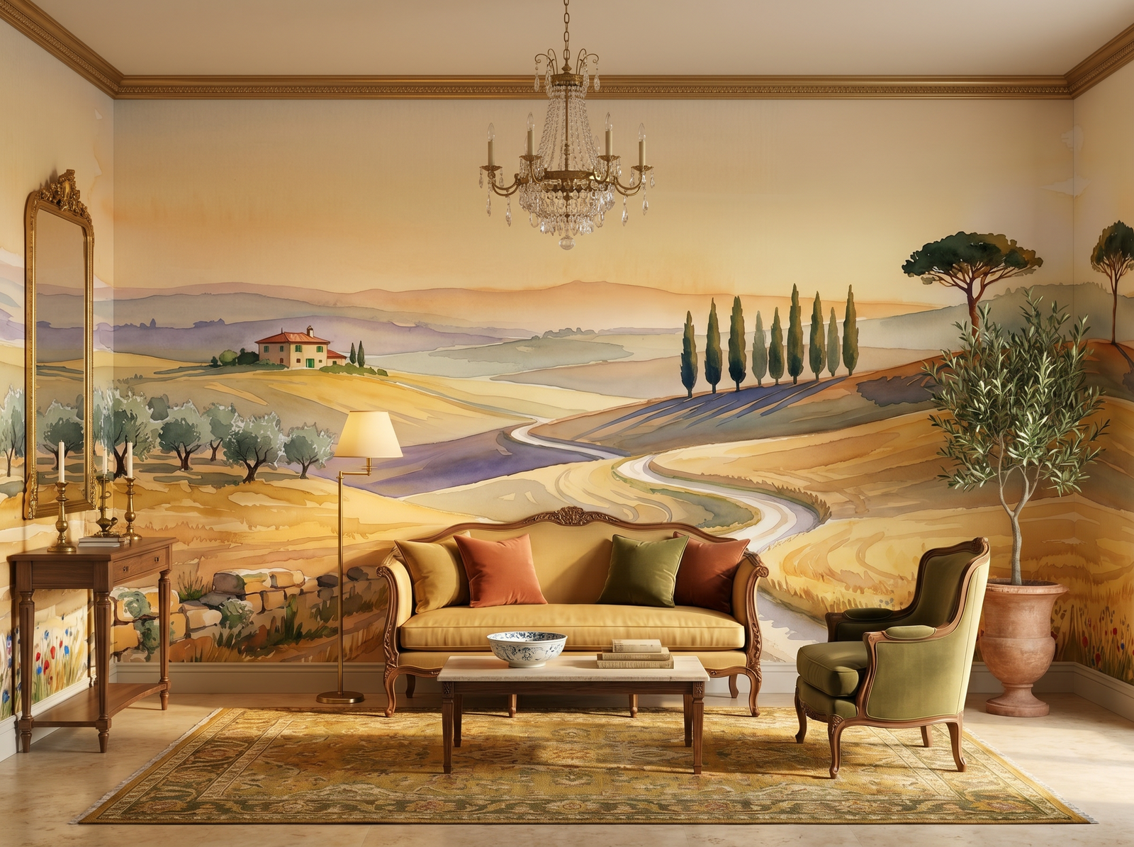 Val d'Orcia scenic wallpaper mural on the feature wall of a Mediterranean dining room, in a soft grey palette — The Wall Shawl.