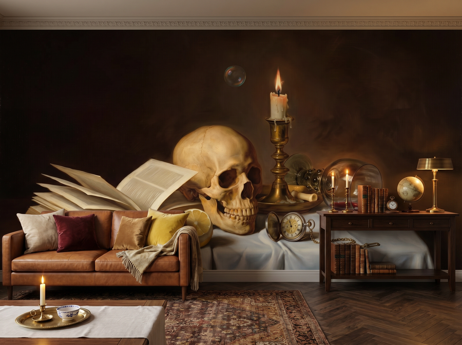 Vanitas Table scenic wallpaper mural on the feature wall of a dark-academia study, in a golden yellow-and-ochre palette — The Wall Shawl.
