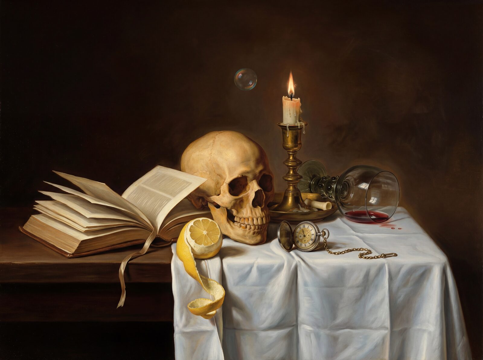 Contemplate the rich symbolism of a 17th-century Dutch Vanitas still life. Profound darks, bone ivory, and candle gold. Made to order.