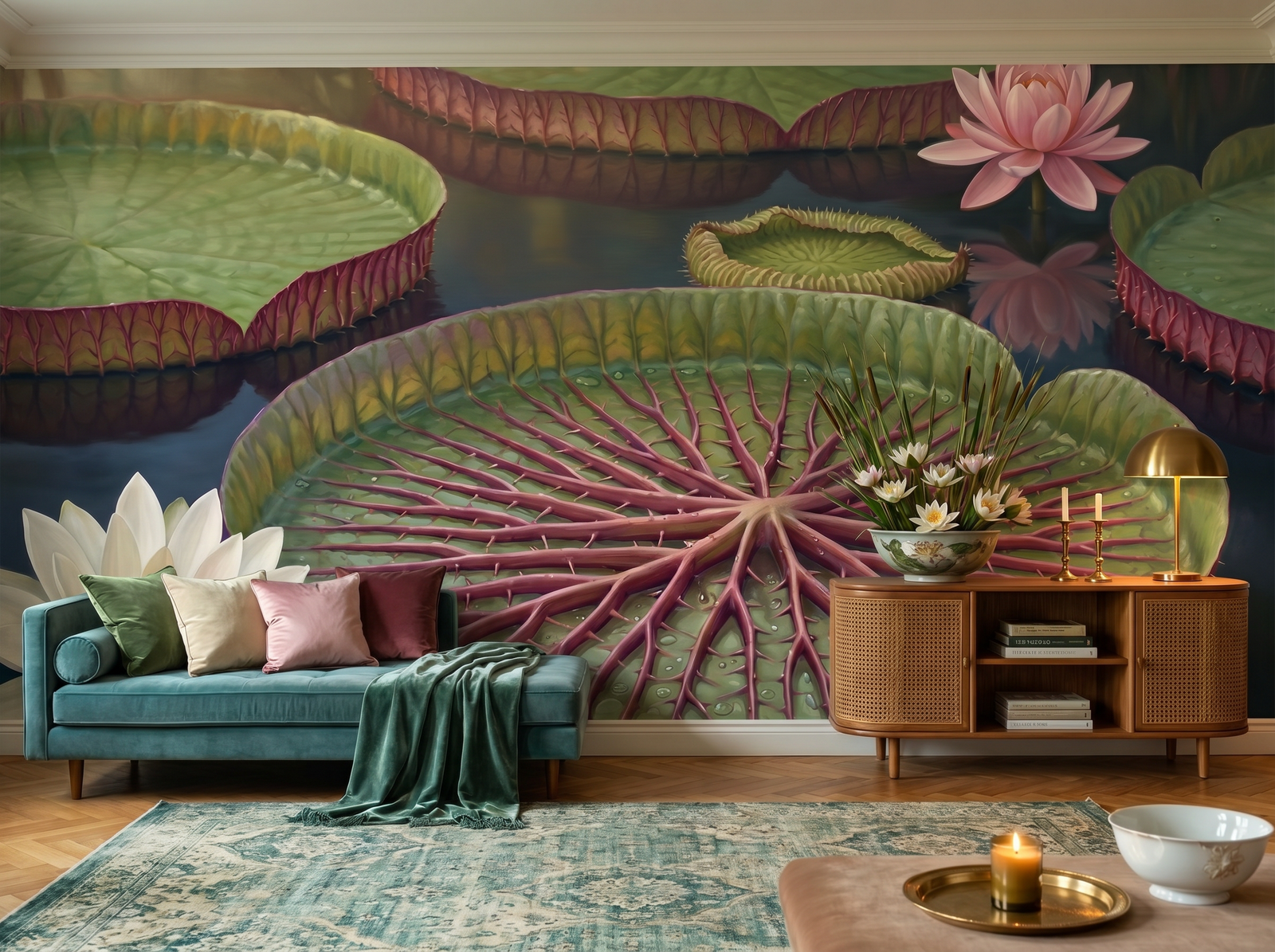 Vast Water Lily scenic wallpaper mural on the feature wall of an English-country bathroom, in a soft grey palette — The Wall Shawl.