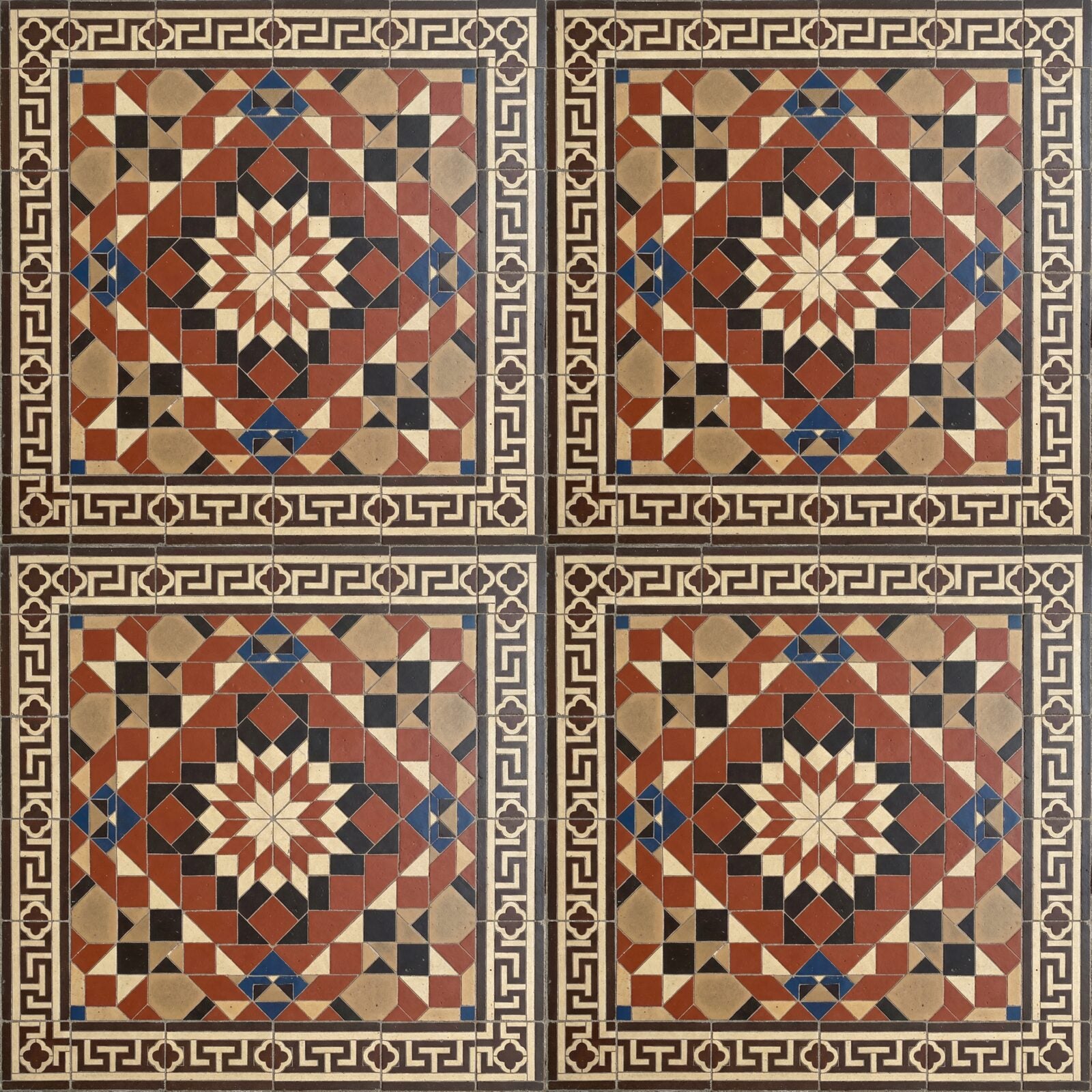 Step onto a rich Victorian encaustic tile floor with this warm, ordered pattern wallpaper in red, black, cream, and buff. Made to order.