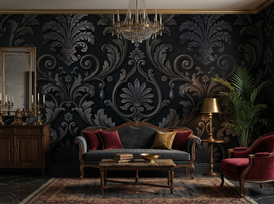 Victorian Revival Tone-on-Tone Damask scenic wallpaper mural on the feature wall of a dark-academia dining room, in a soft grey palette — The Wall Shawl.