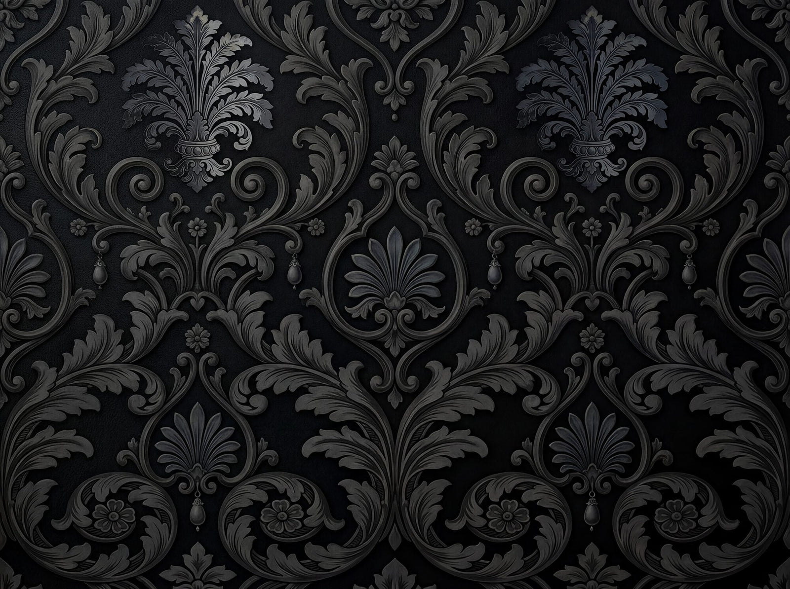 Victorian Revival tone-on-tone damask mural wallpaper — monumental charcoal-black acanthus scrolls, palmette crowns and anthemion motifs rendered in near-invisible relief on a deep charcoal ground
