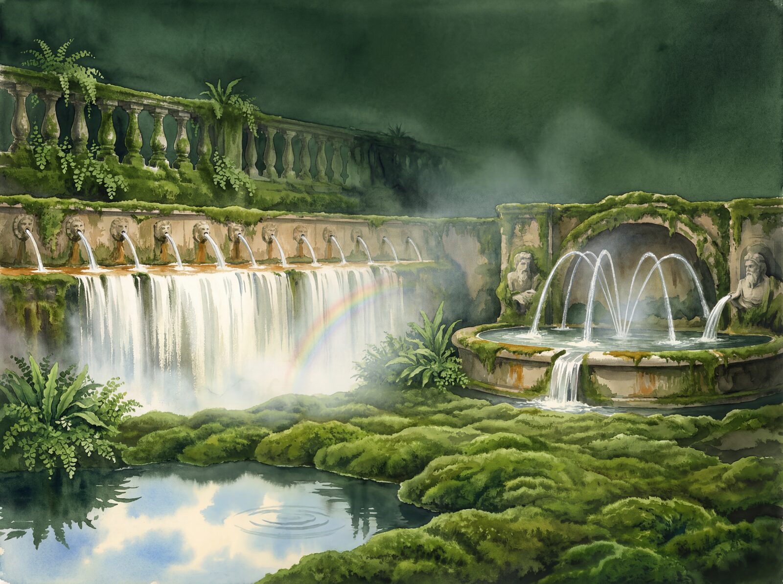 Scenic mural wallpaper featuring a baroque garden with fountains, moss, and ferns in shades of green, grey, and ochre. Made to order.