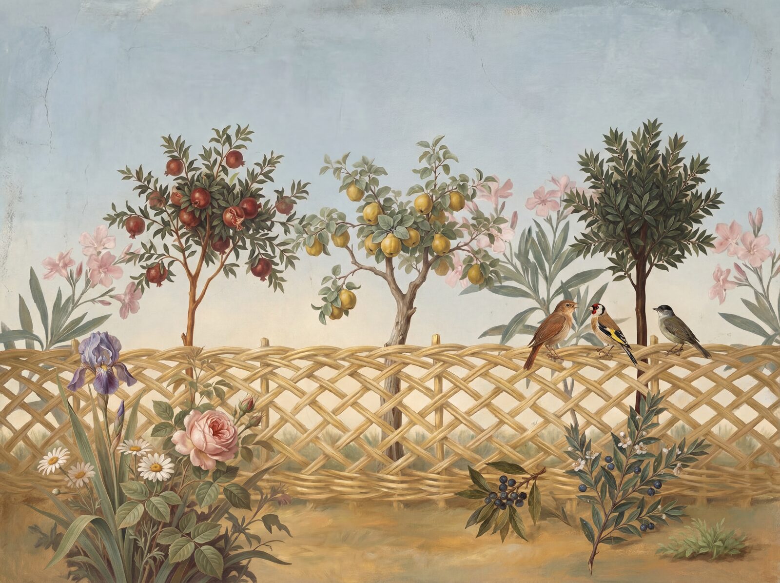 Immersive garden scene with Garden Green, Sky Pale, and Pomegranate Red hues. Made to order.