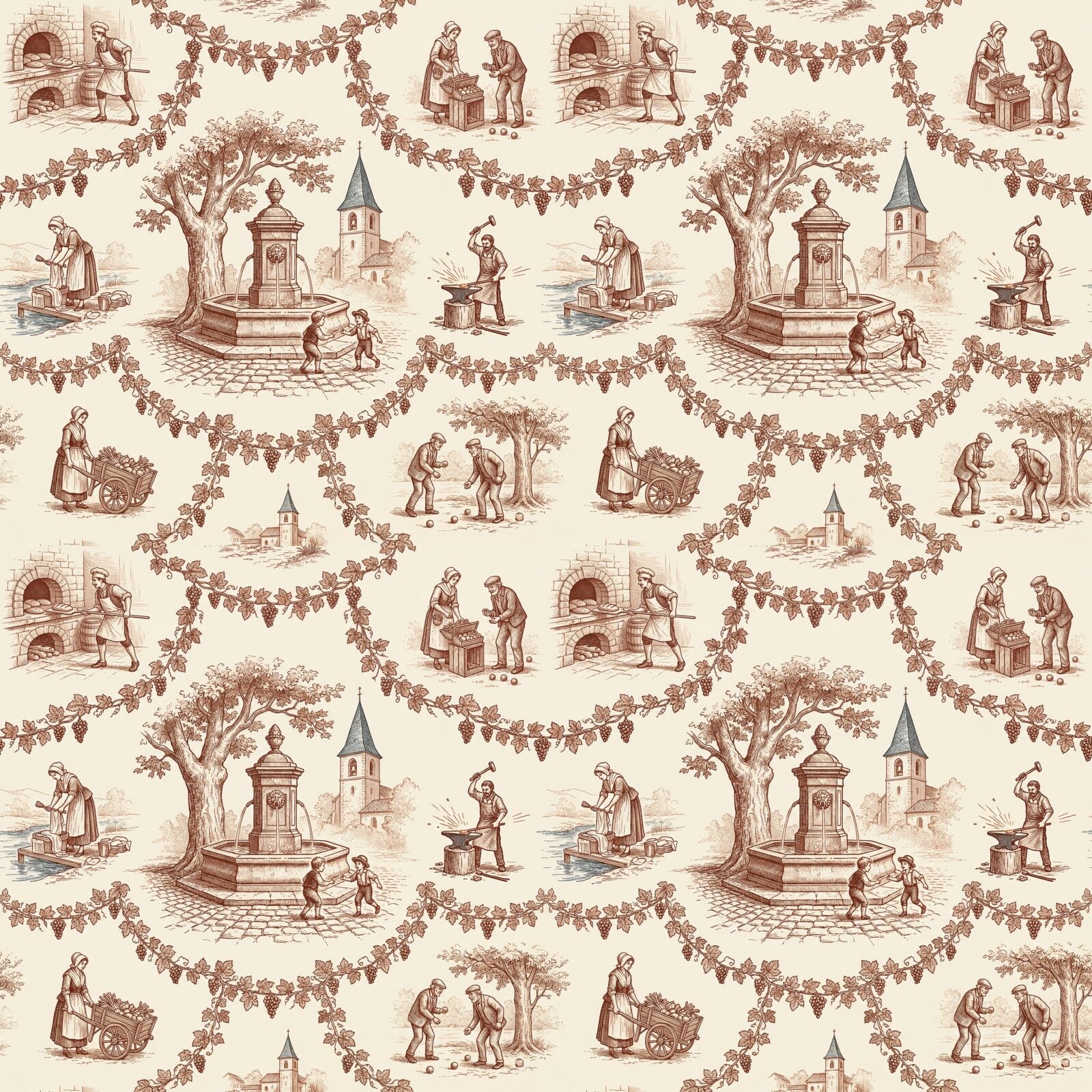 Experience the warmth of a French village with this toile mural. Rust tones on French cream. Made to order.