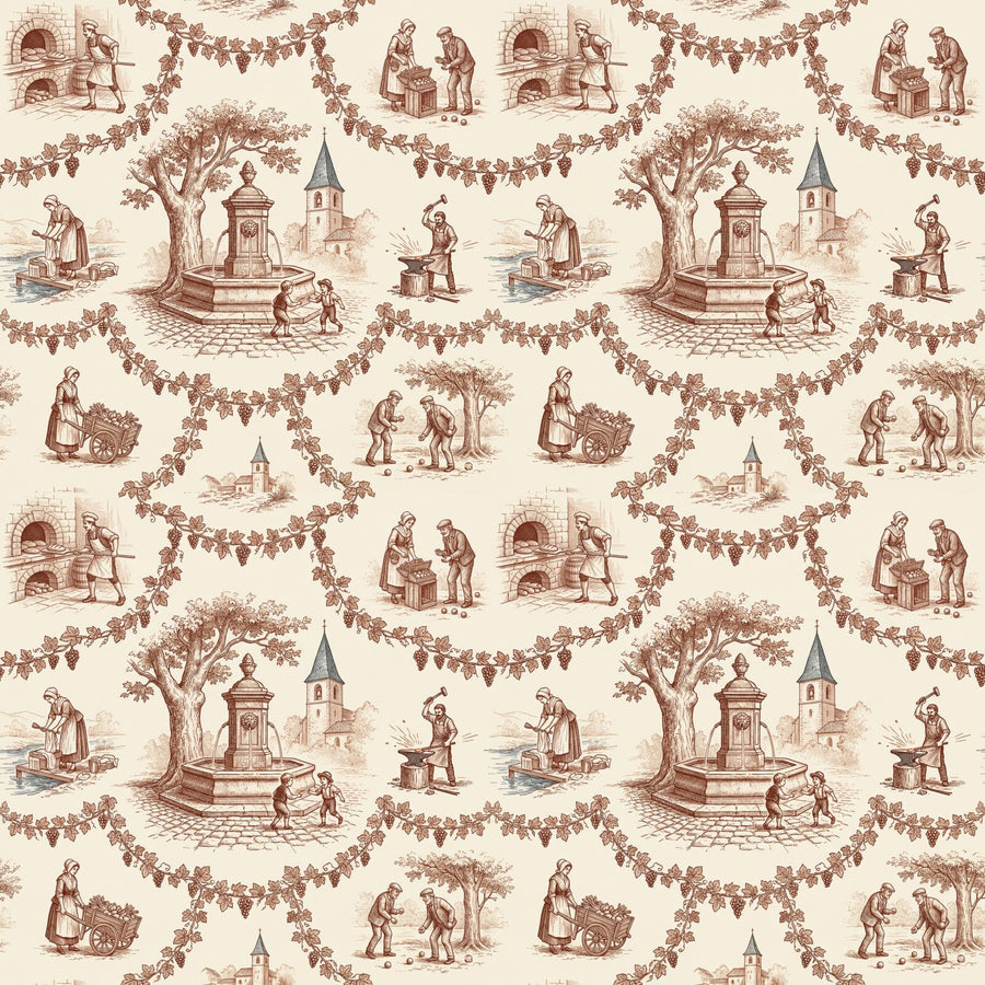 Experience the warmth of a French village with this toile mural. Rust tones on French cream. Made to order.