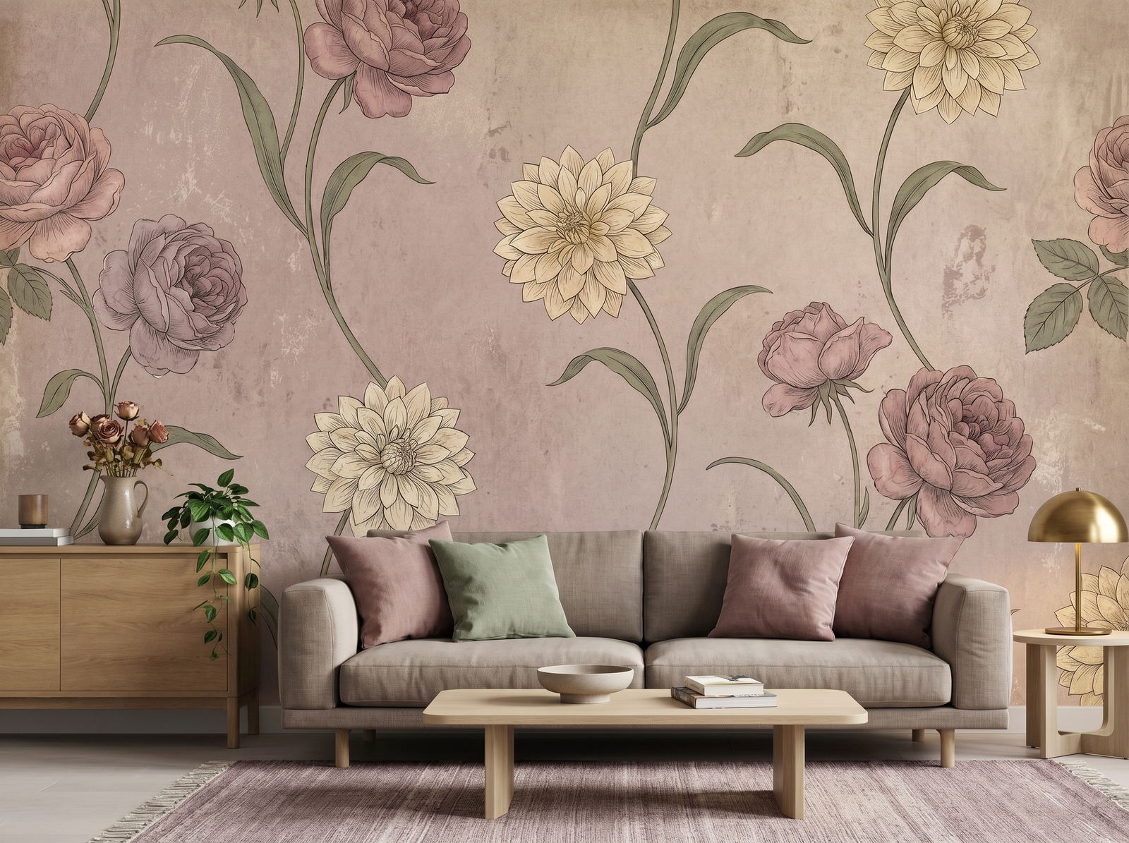 vintage floral mural scenic wallpaper mural on the feature wall of an English-country living room, in a soft grey palette — The Wall Shawl.