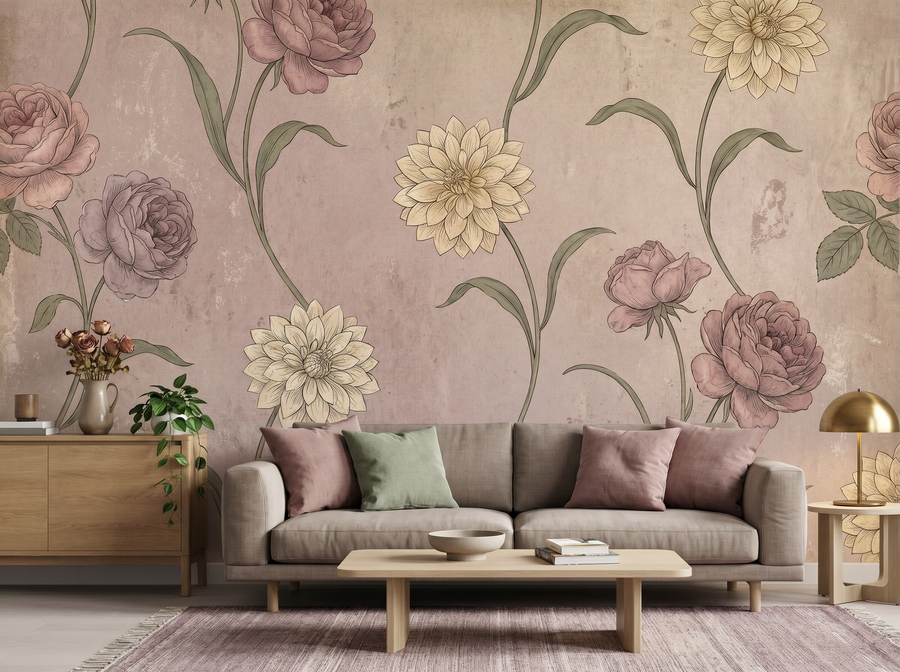 vintage floral mural scenic wallpaper mural on the feature wall of an English-country living room, in a soft grey palette — The Wall Shawl.