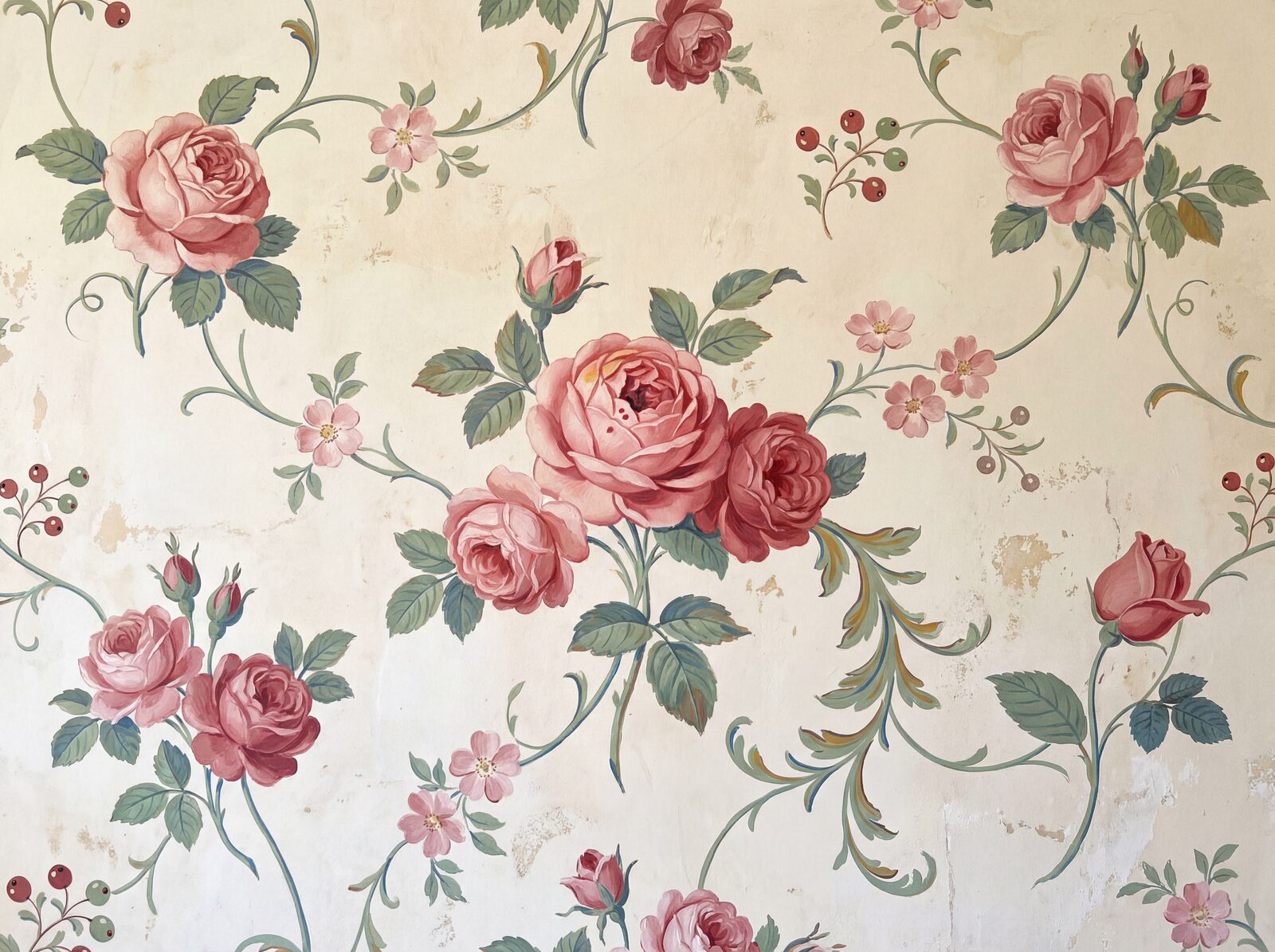 Elegant rose clusters on a warm plaster ground, in shades of Georgian rose, sage, and olive. Made to order.