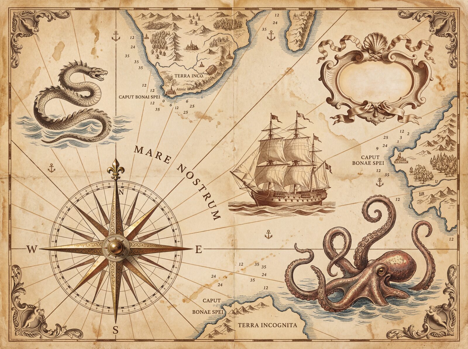 Unfurl an antique nautical map across your walls. Featuring Aged Parchment, Cartographer's Ink, and Compass Brass. Made to order.