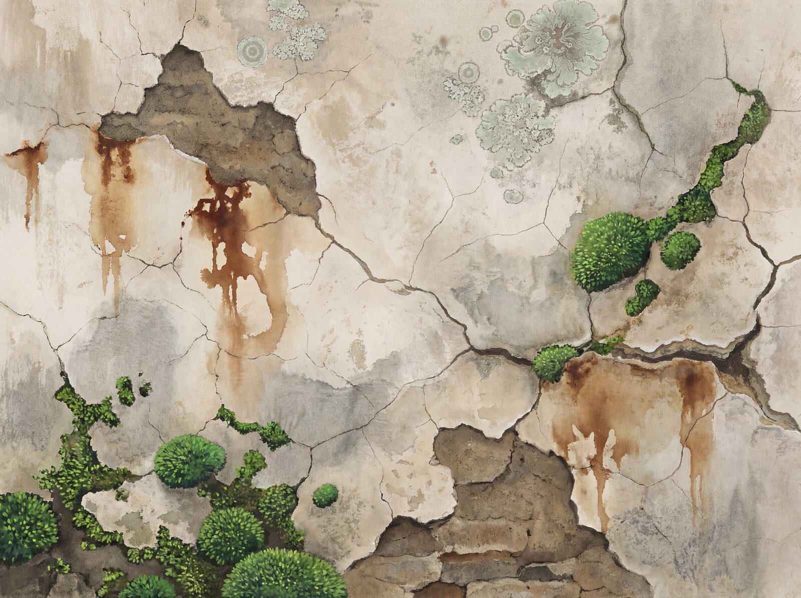 Experience the quiet beauty of an aged temple wall. Earthy, muted tones of plaster, moss, and rust. Made to order.