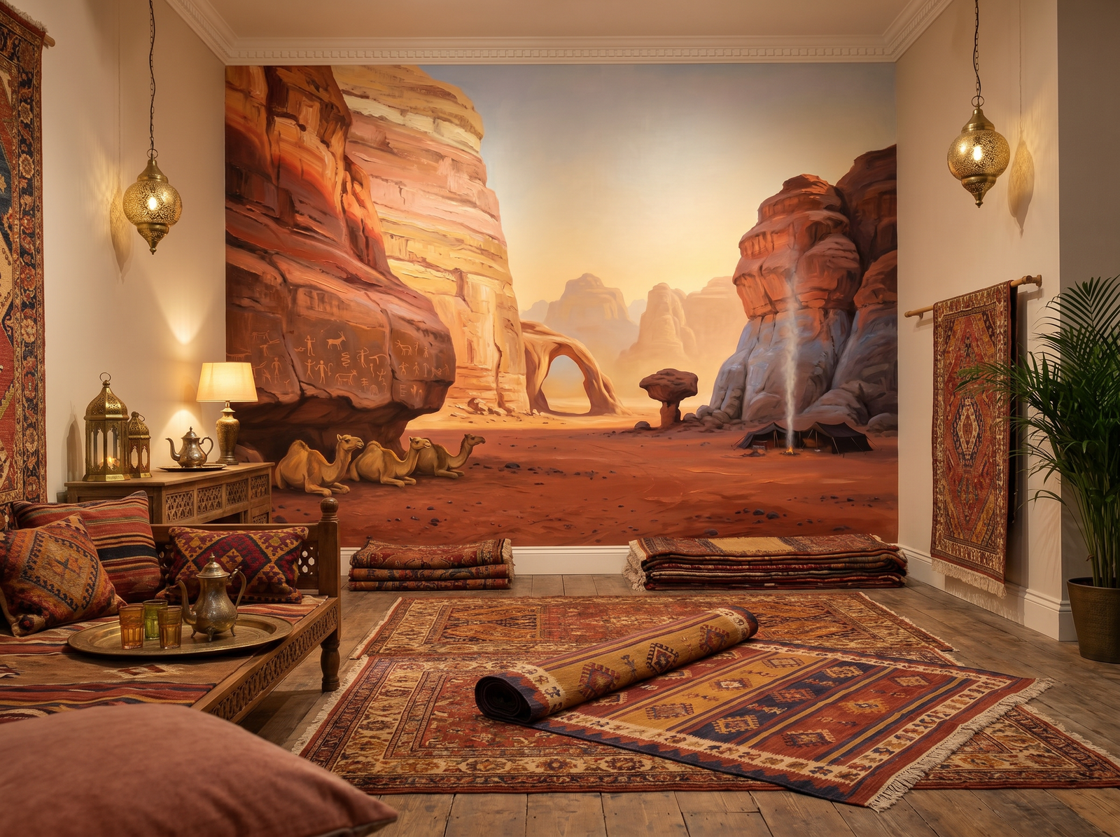 Wadi Rum scenic wallpaper mural on the feature wall of a bohemian living room, in a soft grey palette — The Wall Shawl.