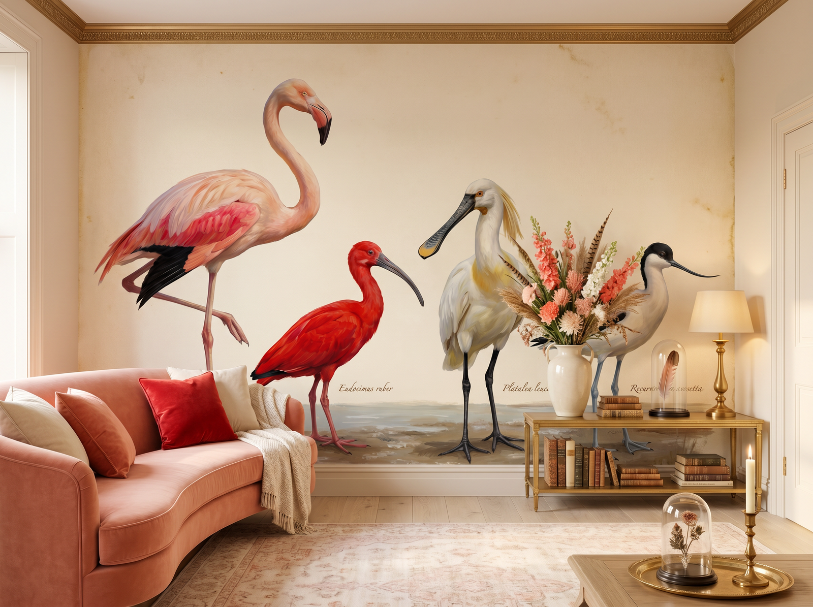 Wading Birds scenic wallpaper mural on the feature wall of an English-country living room, in a golden yellow-and-ochre palette — The Wall Shawl.