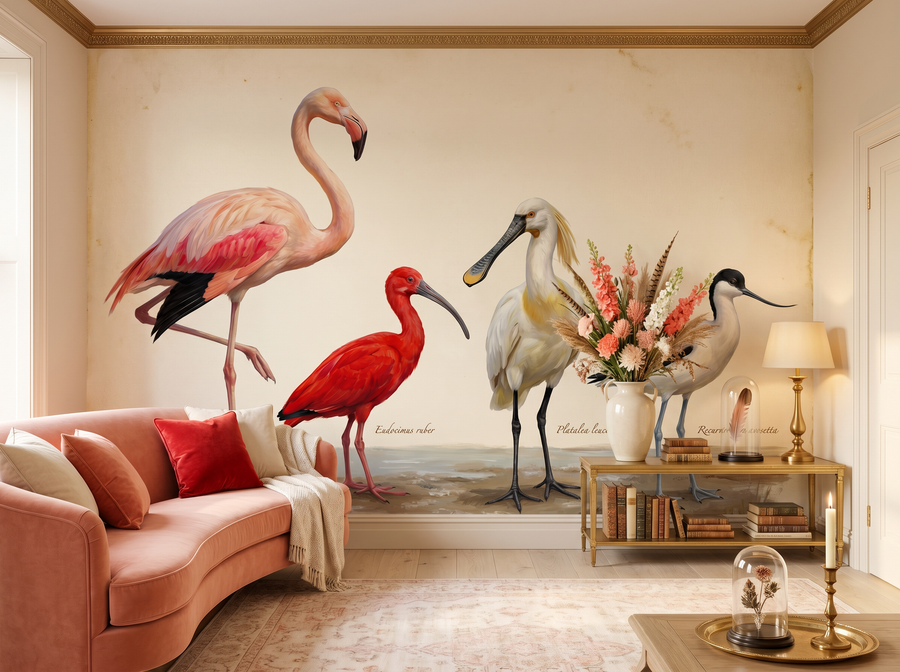 Wading Birds scenic wallpaper mural on the feature wall of an English-country living room, in a golden yellow-and-ochre palette — The Wall Shawl.