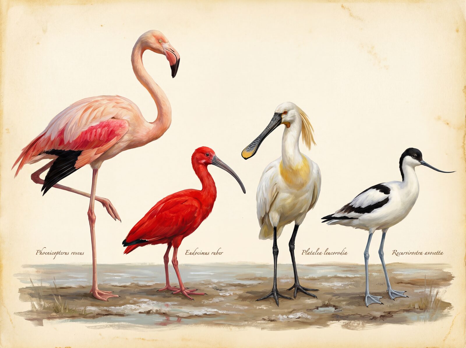 Four extraordinary wading birds on an aged vellum ground, featuring vivid scarlet, warm white, and crisp black. Made to order.