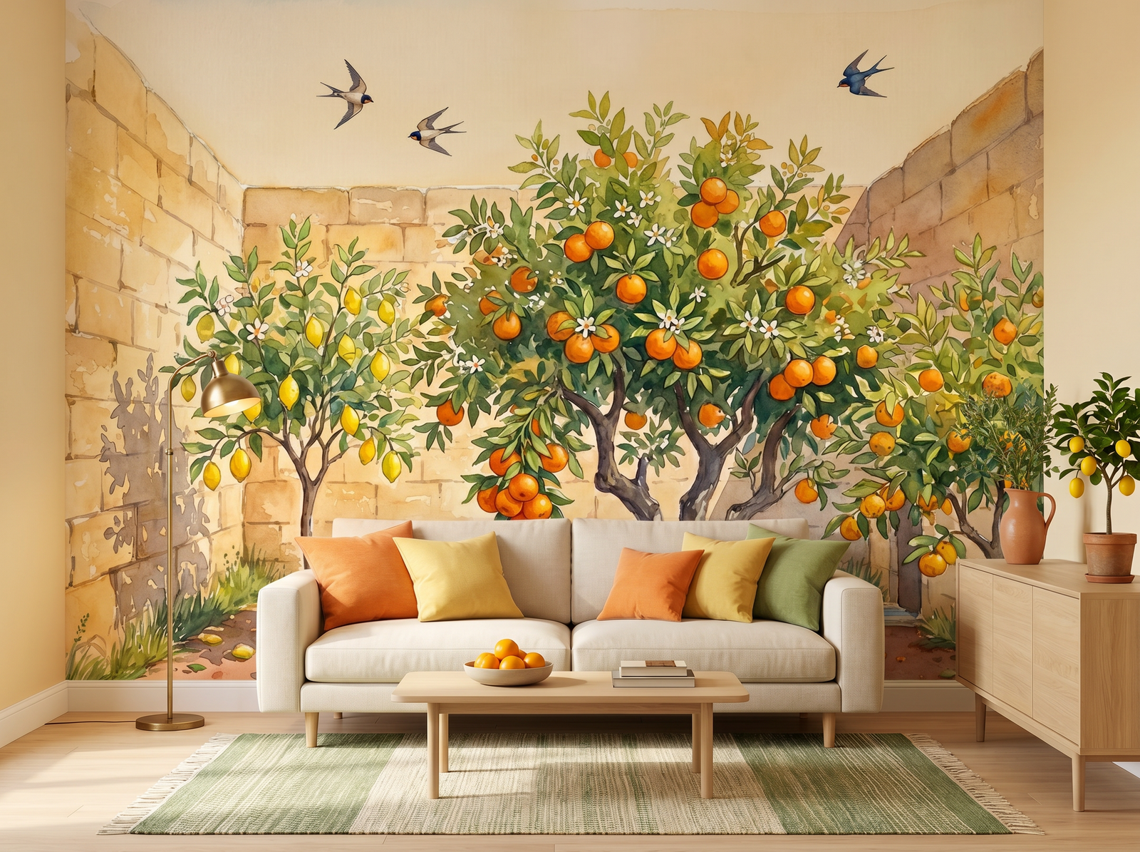Walled Citrus Garden scenic wallpaper mural on the feature wall of an English-country kitchen, in a warm orange palette — The Wall Shawl.