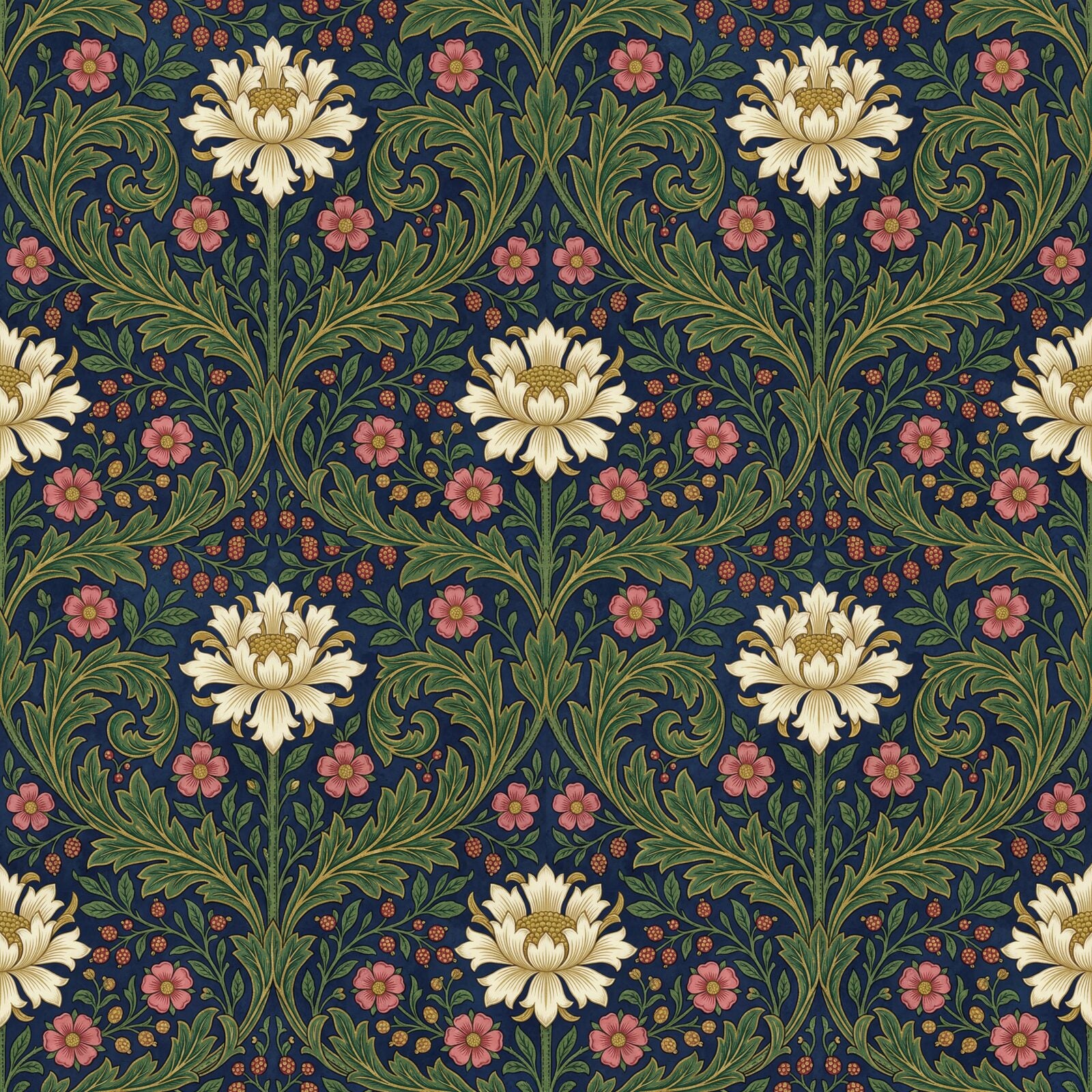 Immerse yourself in the Wandle design: indigo, warm white, and deep green botanicals. Made to order.