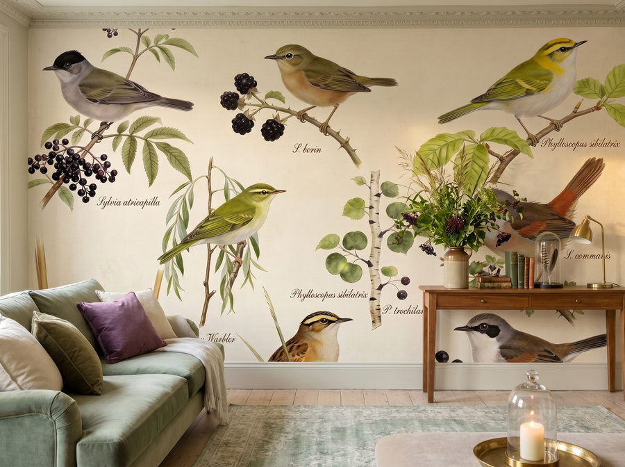 Warbler Collection scenic wallpaper mural on the feature wall of an English-country study, in a soft grey palette — The Wall Shawl.