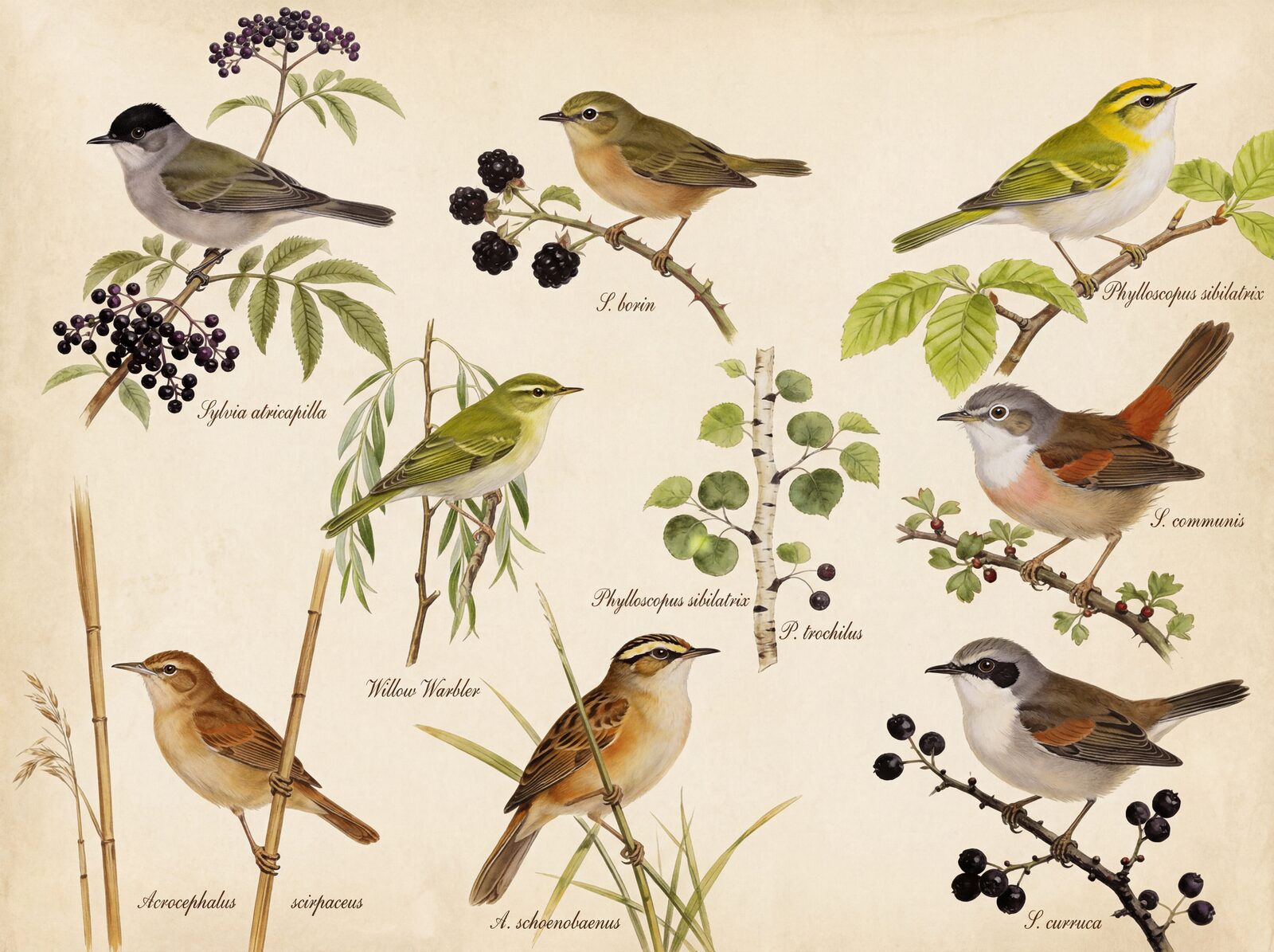 Nine warblers on a single plate, a botanical study in olive-green, warm brown, and pale buff. Made to order.